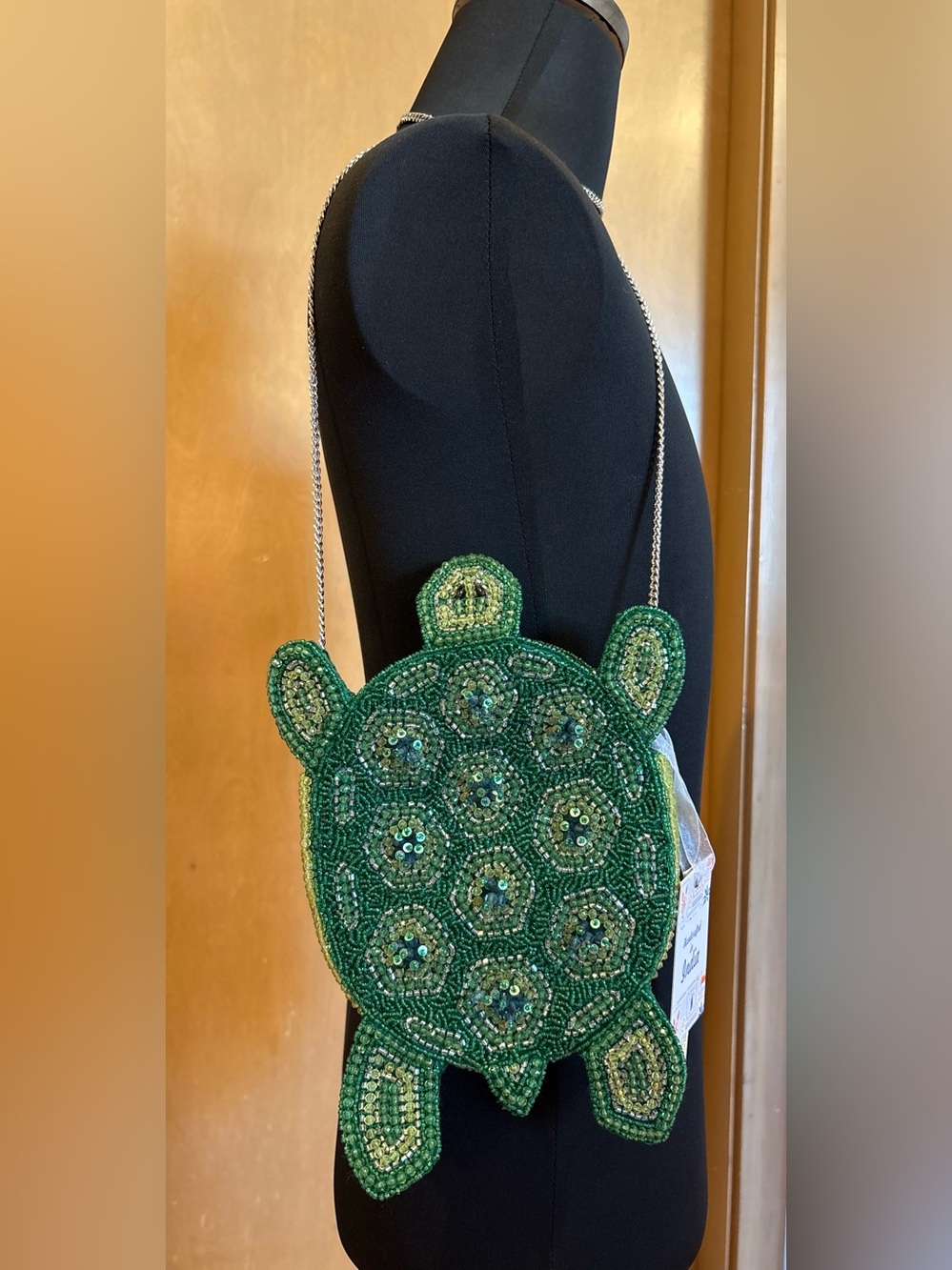 Green Beaded Turtle Crossbody Purse with Chain Strap